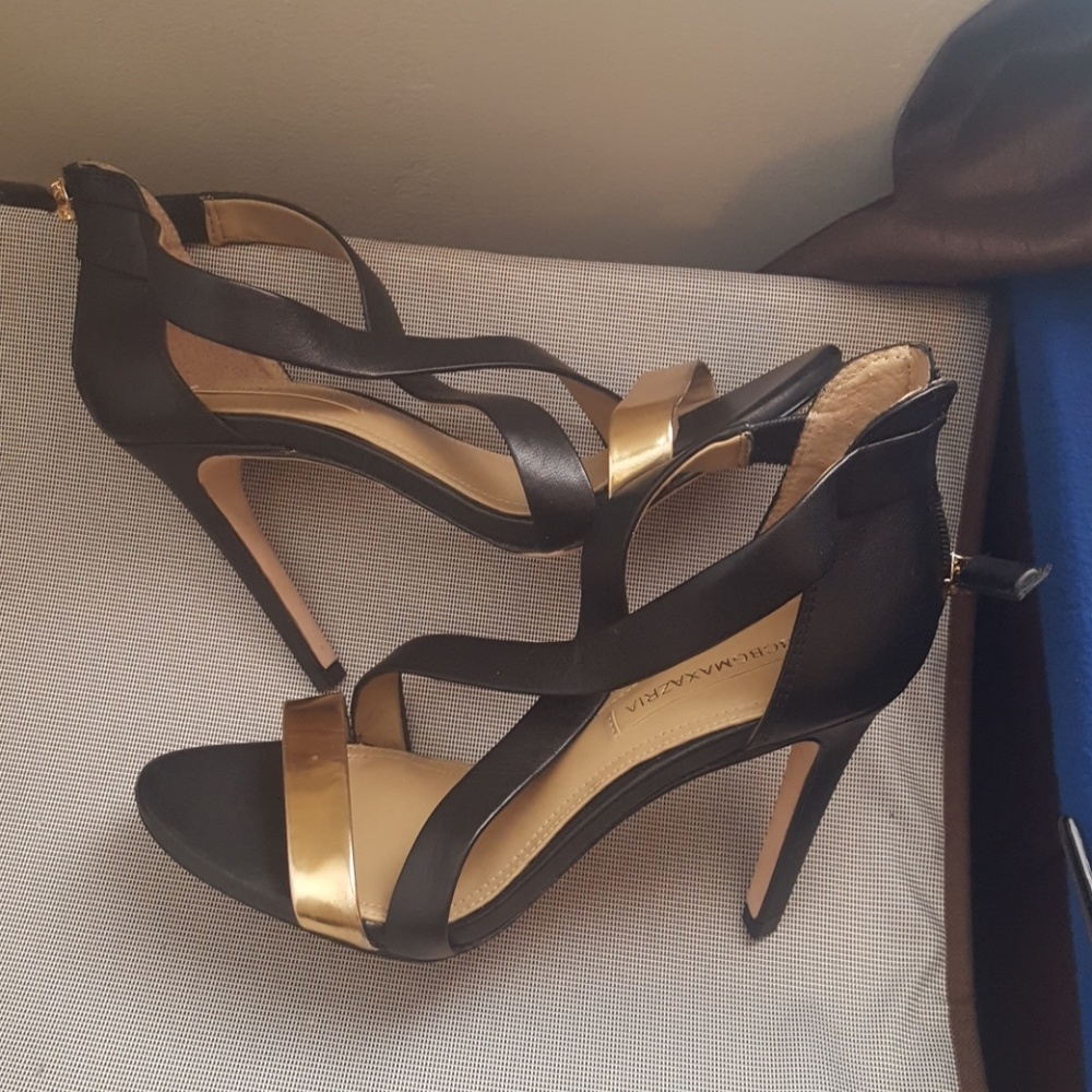 Bcbg gold/black strap 3.5in sandal stiletto heels